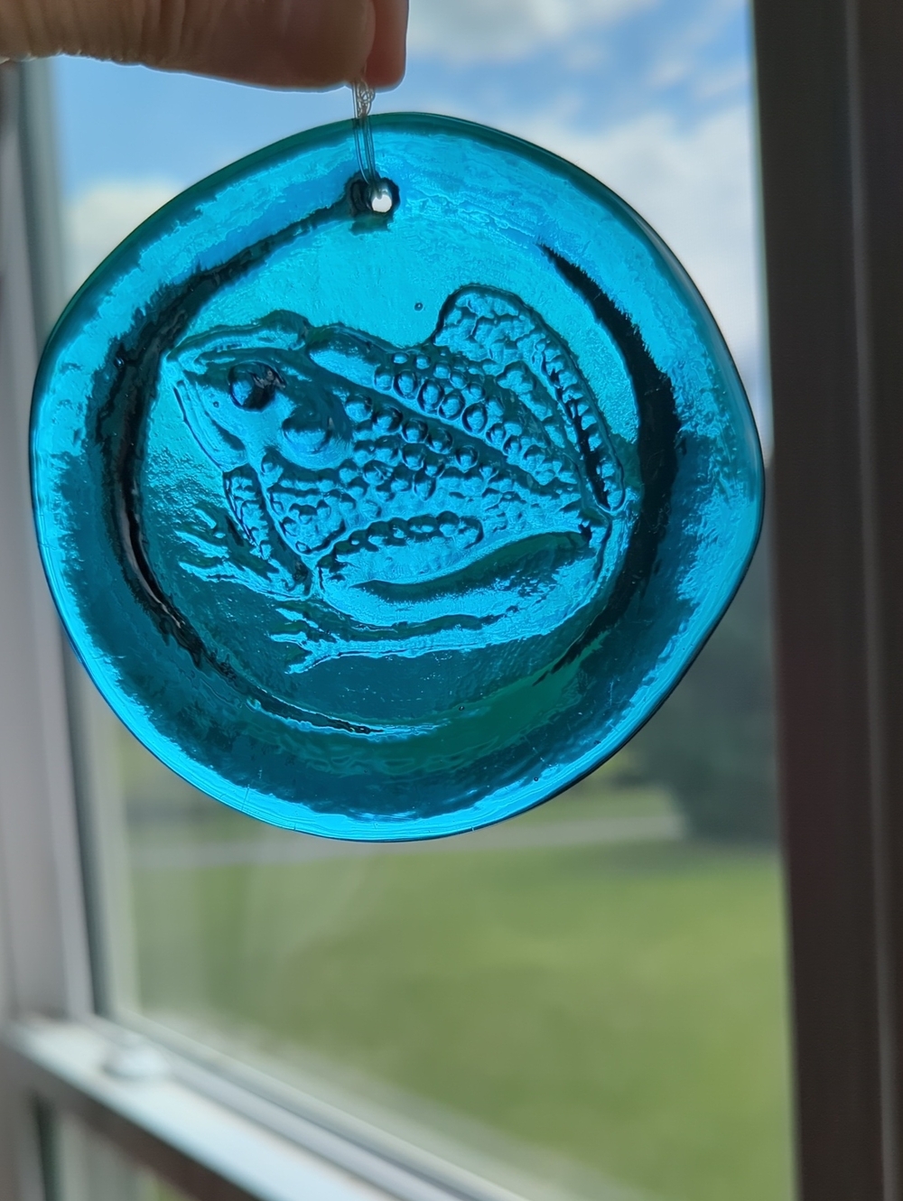 Blue Art Glass Medallion Frog Suncatcher